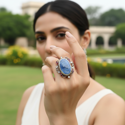 Sangeeta Boochra Handcrafted Blue Stone Silver Ring