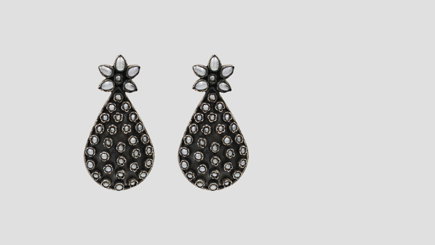 Sangeeta Boochra Floral Pearl Oxidised Statement Earrings