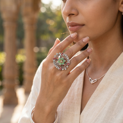 Sangeeta Boochra Handcrafted Silver Floral Statement Ring