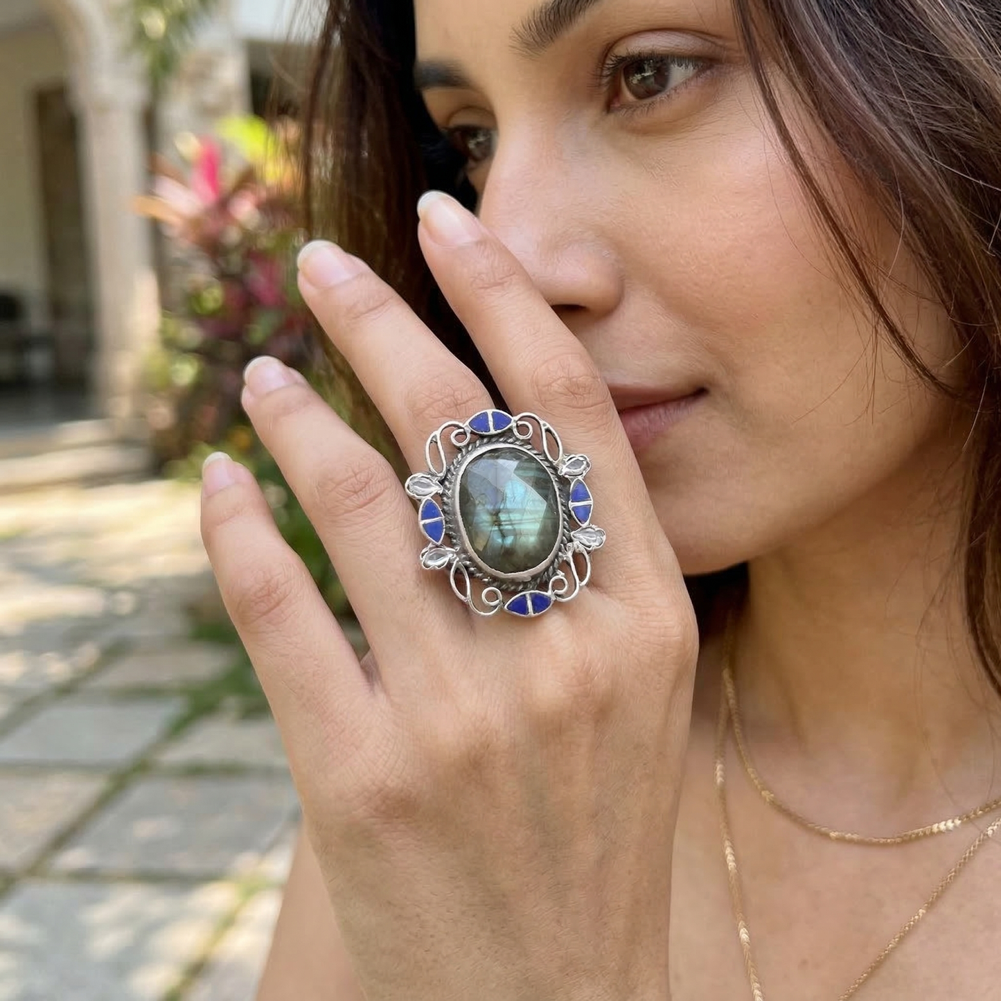Sangeeta Boochra Heritage Silver Ring with Oval Labradorite Stone