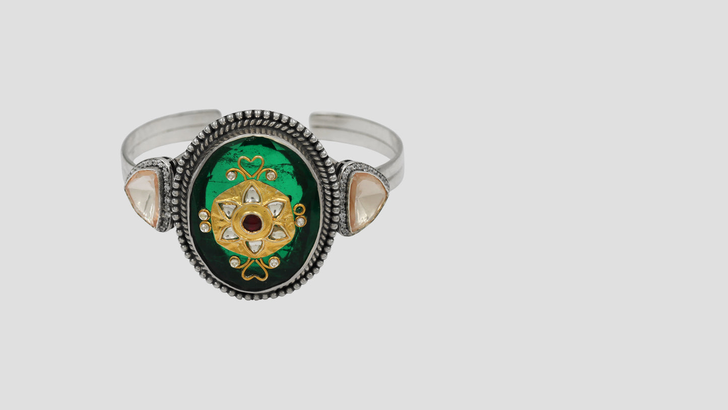 Sangeeta Boochra Handcrafted Silver Bracelet with Green Stone & Floral Motif