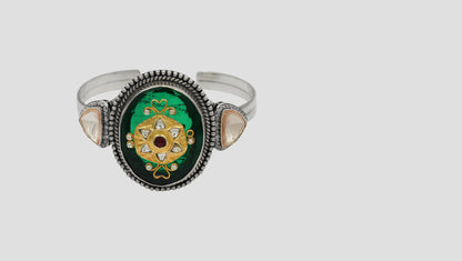 Sangeeta Boochra Handcrafted Silver Bracelet with Green Stone & Floral Motif