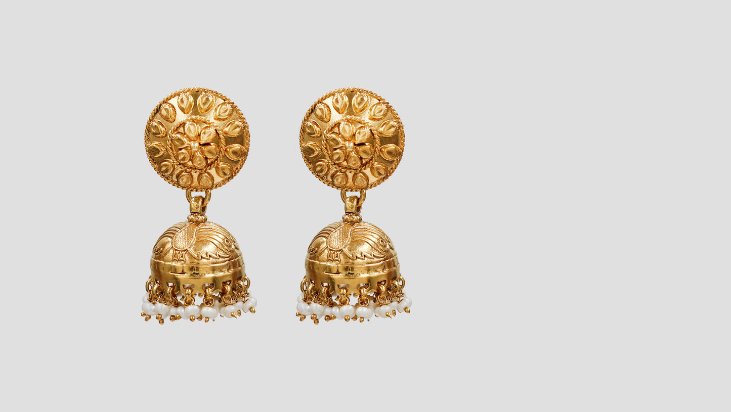 Sangeeta Boochra Traditional Floral Motif Gold-Plated Jhumka Earrings