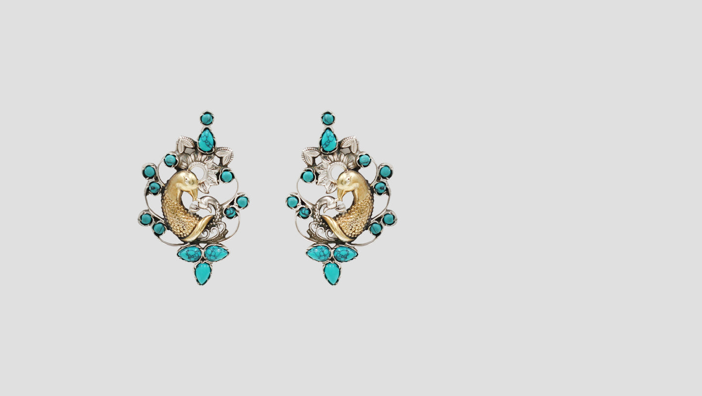 Sangeeta Boochra Dual-Tone Turquoise Peacock Silver Earrings