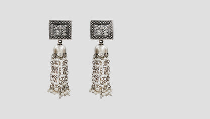 Sangeeta Boochra Vintage Floral Panel Oxidised Silver Drop Earrings