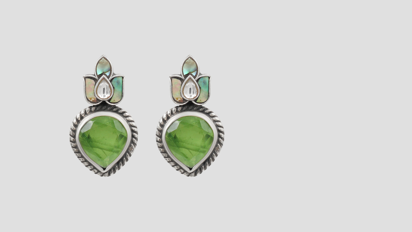 Sangeeta Boochra Handcrafted Oxidised Silver Floral Green Drop Earrings