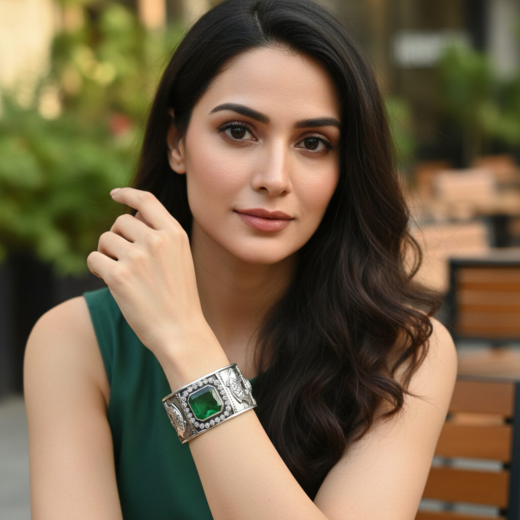 Sangeeta Boochra Artisan Oxidised Silver Hand Cuff with Fish Detailing