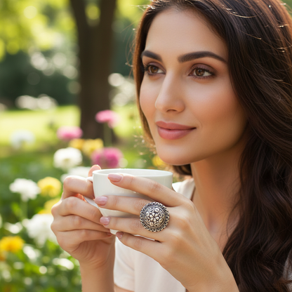 Sangeeta Boochra Traditional Floral Motif Silver Ring
