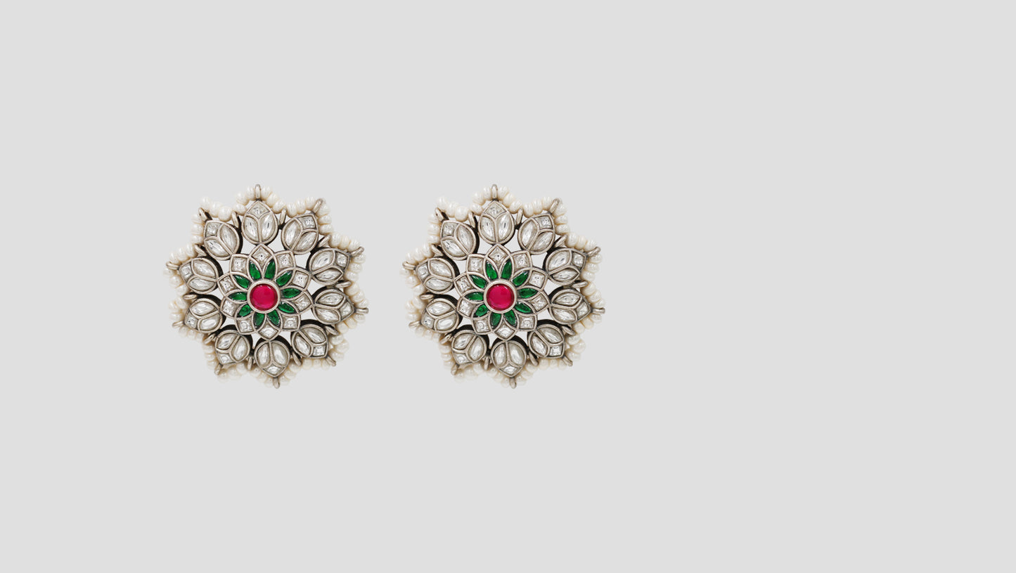 Sangeeta Boochra Artisan Kundan Silver Stud Earrings with Pearl Border