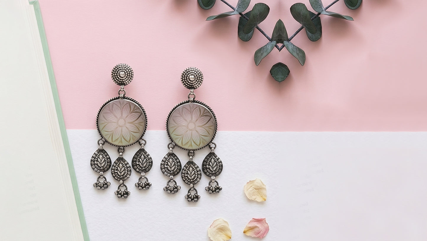 Sangeeta Boochra Floral Carving Stone Silver Earrings