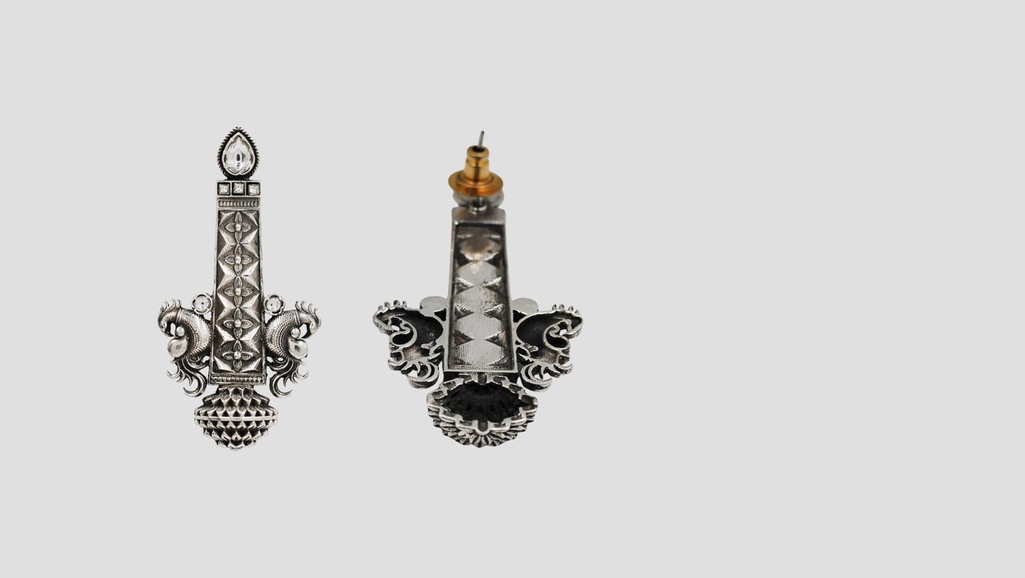Sangeeta Boochra Royal Peacock Design Handcrafted Silver Earrings