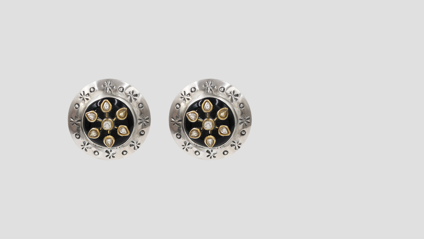 Sangeeta Boochra Floral Kundan Oxidised Silver Stud Earrings