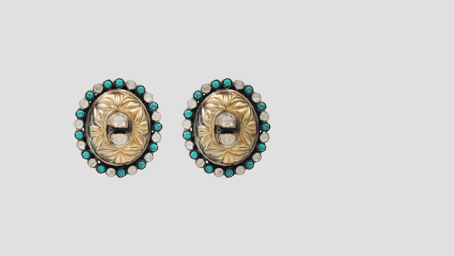 Sangeeta Boochra Dual Tone Oval Moissanite and Turquoise Silver Stud