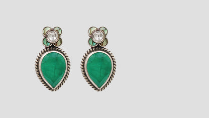Sangeeta Boochra Oxidised Silver Green Teardrop Stone Earrings
