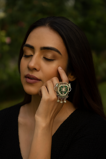 Sangeeta Boochra Handcrafted Silver Floral Kundan Ring