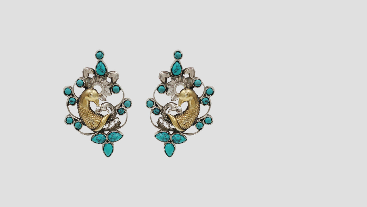 Sangeeta Boochra Peacock Motif Dual-Plated Silver Earrings with Turquoise Stone