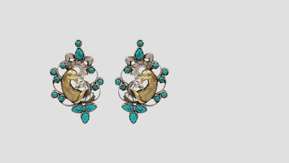 Sangeeta Boochra Peacock Motif Dual-Plated Silver Earrings with Turquoise Stone