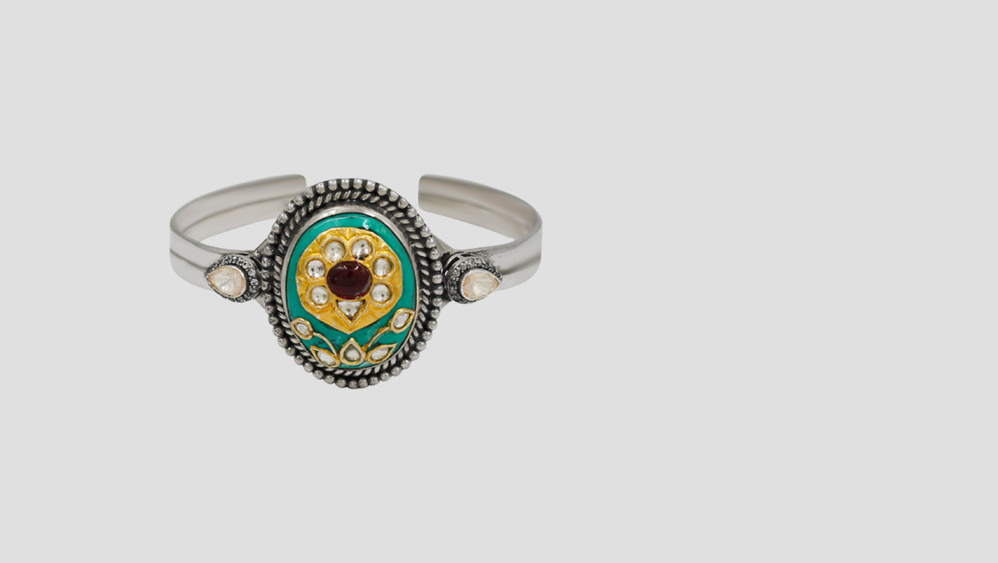 Sangeeta Boochra Turquoise Floral Motif Silver Bracelet
