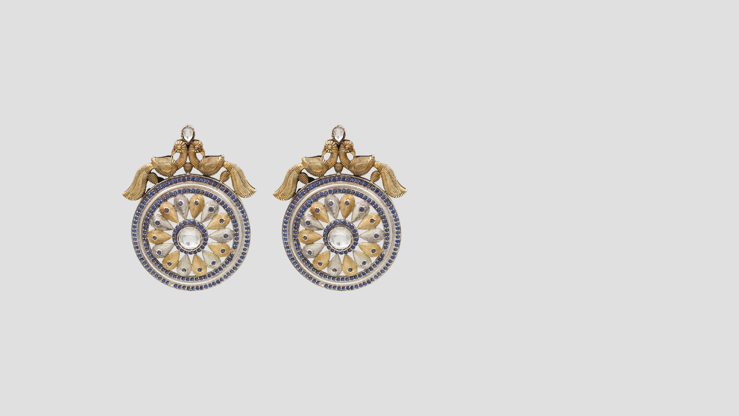 Sangeeta Boochra Dual-Tone Silver Statement Earrings with Blue Accents