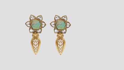 Sangeeta Boochra Handcrafted Gold Plated Silver Floral Earrings with White Kundan & MOP Detailing