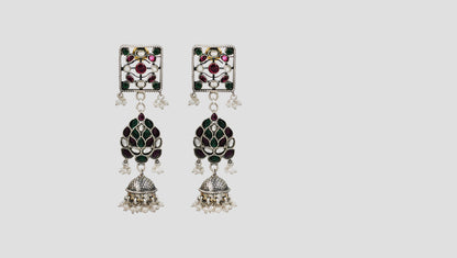 Sangeeta Boochra Heritage Kundan Silver Drop Earrings in Green & Ruby Tones