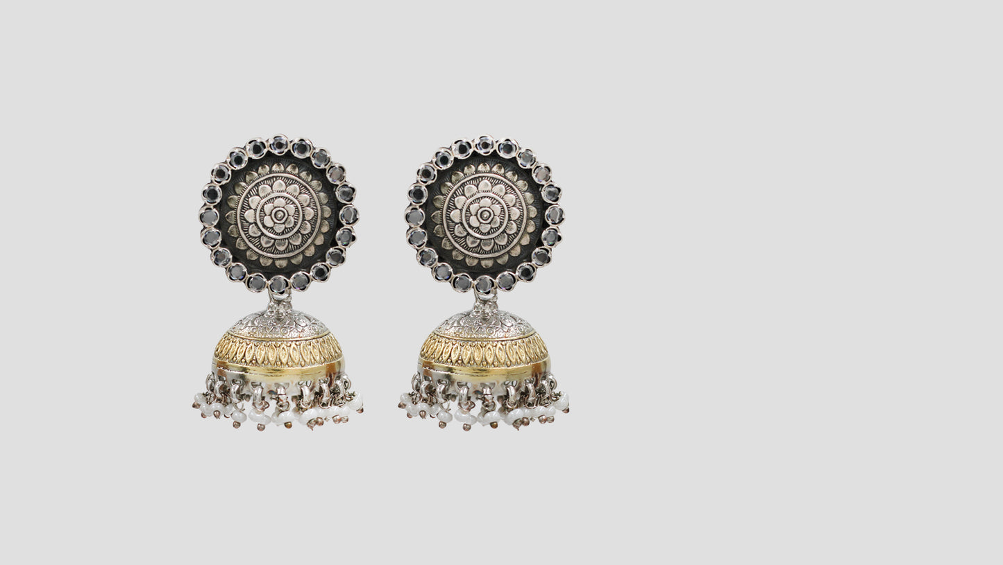 Sangeeta Boochra Artisan Dual Tone Engraved Jhumka Earrings