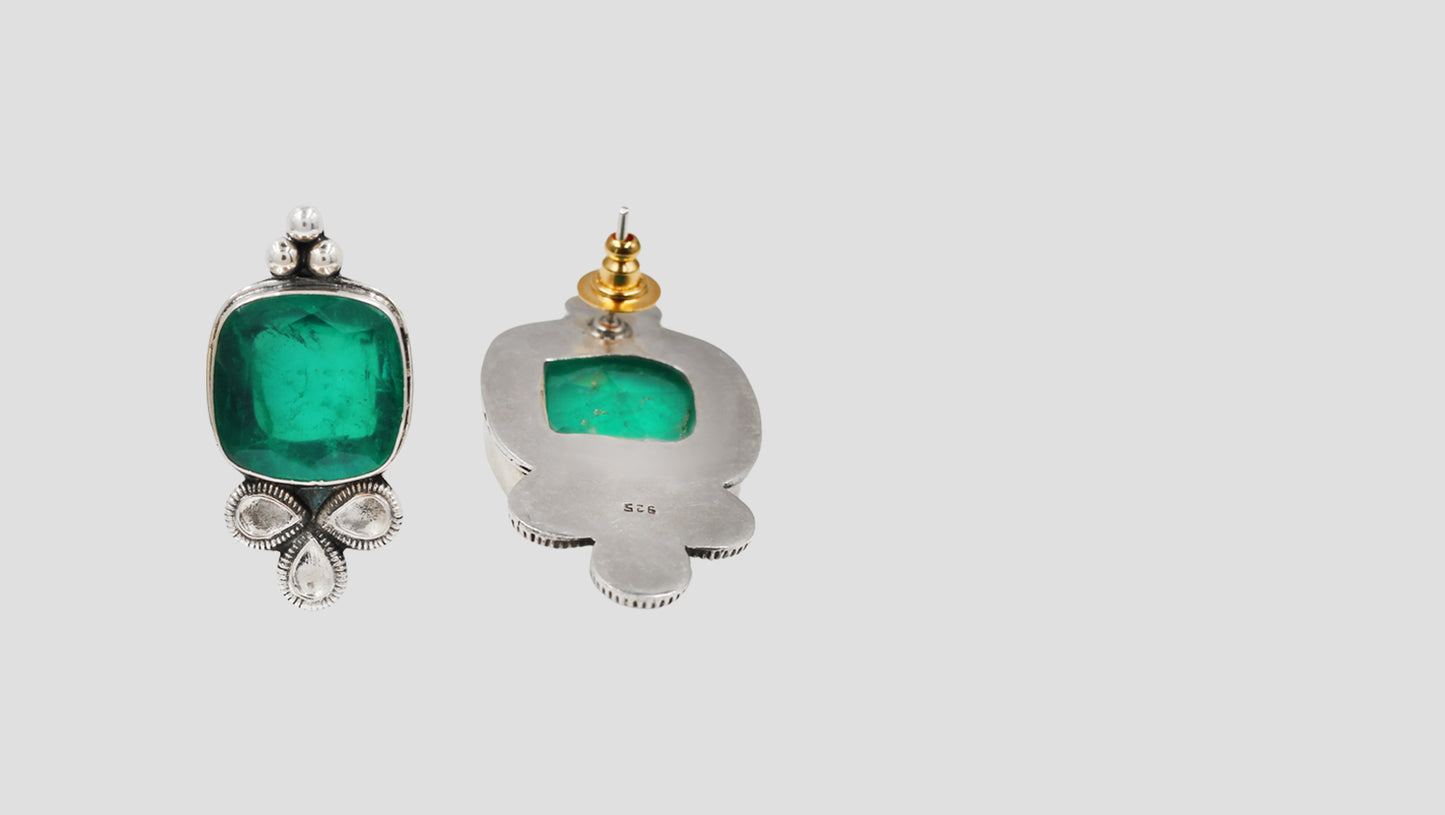 Sangeeta Boochra Handcrafted Silver Stud Earrings with Green Gemstone