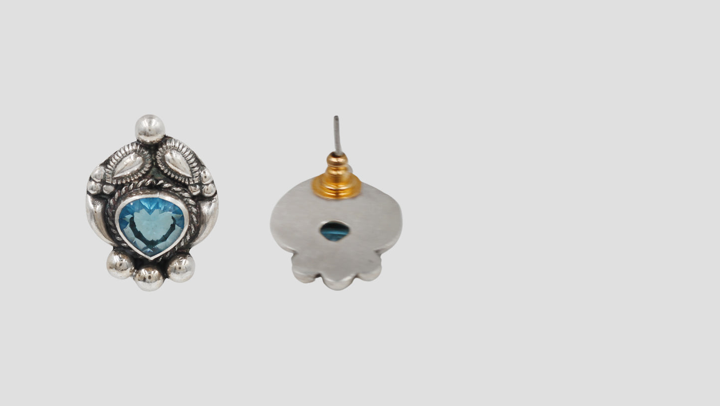 Heritage Sky Blue Heart Stone Oxidised Silver Studs | Sangeeta Boochra