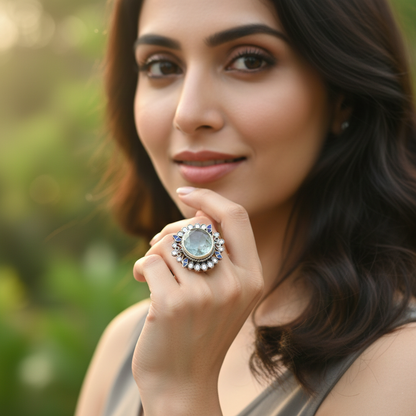 Sangeeta Boochra Designer Silver Ring with Lapis Kundan Accents