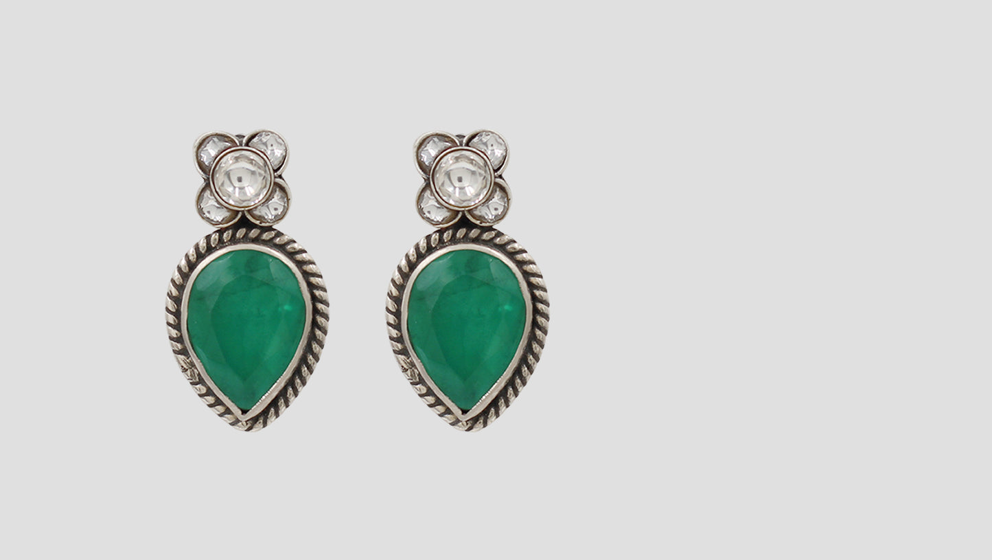 Sangeeta Boochra Artisan Silver Floral Green Statement Earrings