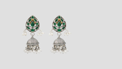 Sangeeta Boochra Handcrafted Green Stone & Pearl Silver Jhumkas