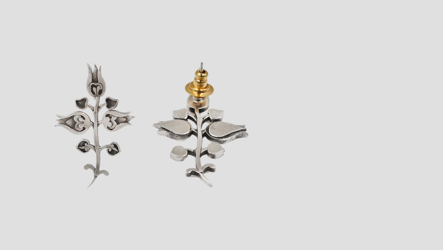Sangeeta Boochra Oxidised Sterling Silver Floral Stem Statement Earrings