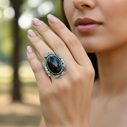 Sangeeta Boochra Handcrafted Silver Ring with Oval Black Stone