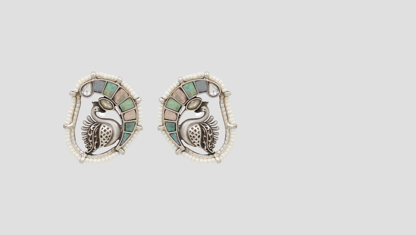 Sangeeta Boochra Classic Peacock Motif Silver Earrings