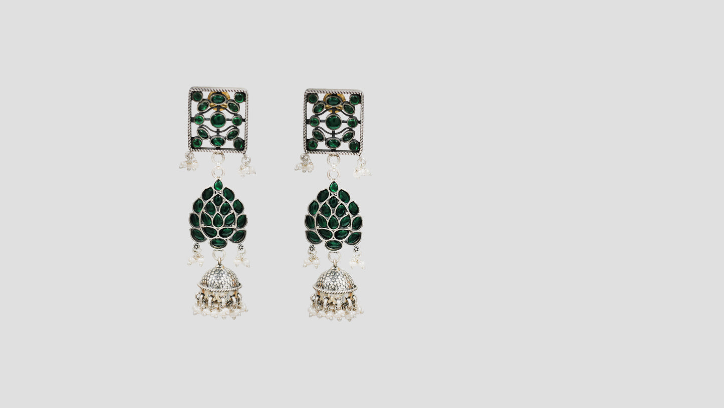 Sangeeta Boochra Royal Green Kundan Silver Statement Jhumkas