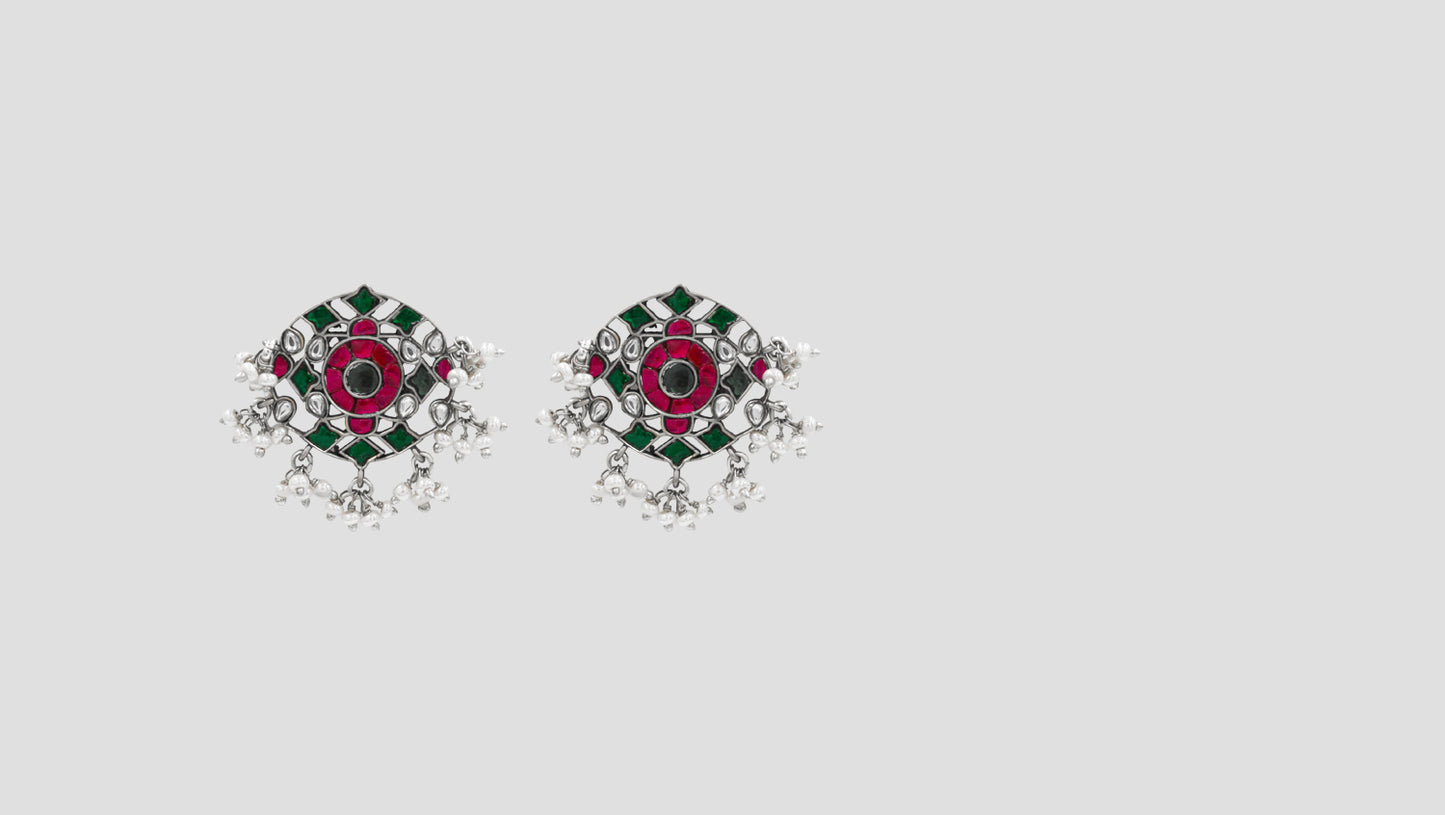 Sangeeta Boochra Oxidised Silver Studs with Red & Green Enamel