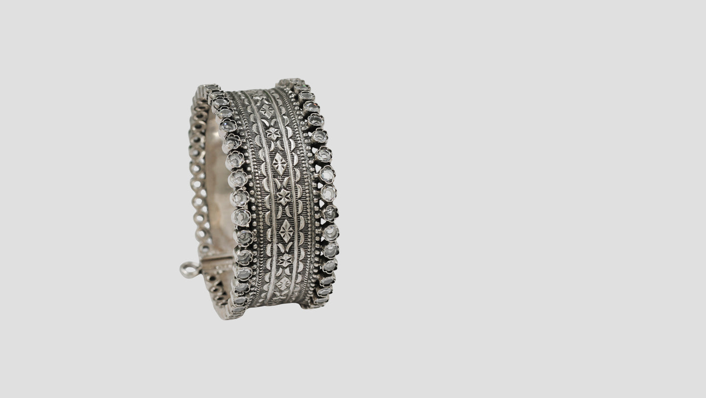 Sangeeta Boochra Handcrafted Oxidised Silver Floral Engraved Hinged Bangle