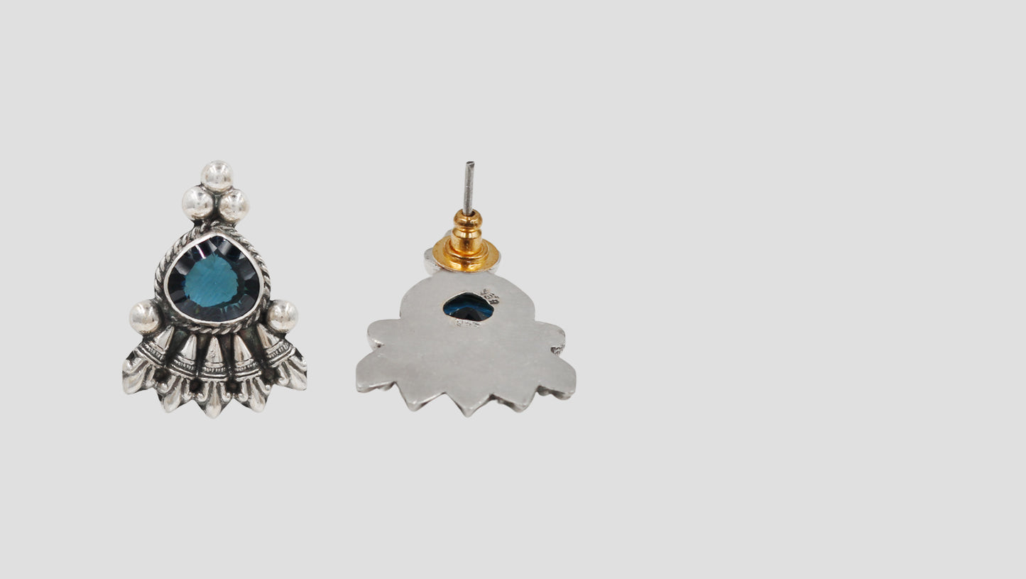 Handcrafted Oxidised Silver Blue Stone Stud Earrings | Sangeeta Boochra