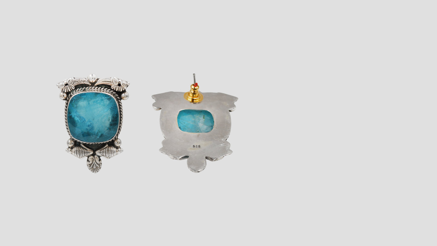 Sangeeta Boochra Handcrafted Oxidised Silver Statement Stud Earrings with Blue Stone