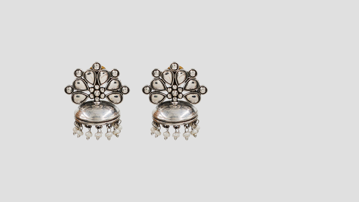 Sangeeta Boochra Floral Motif Silver Jhumka Earrings
