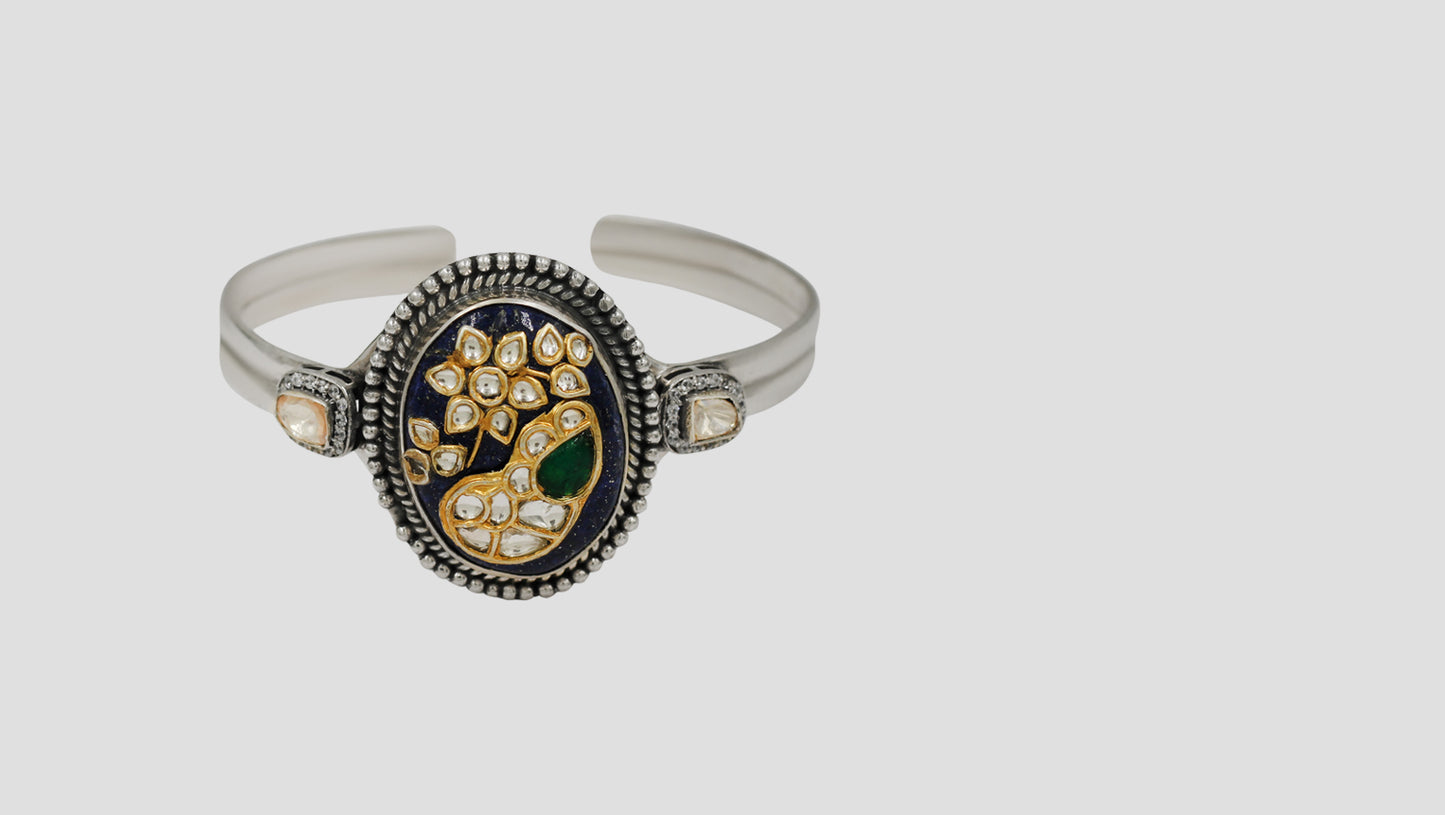 Sangeeta Boochra Oxidised Silver Bracelet with Lapis-Tone Centerpiece & Kundan Work