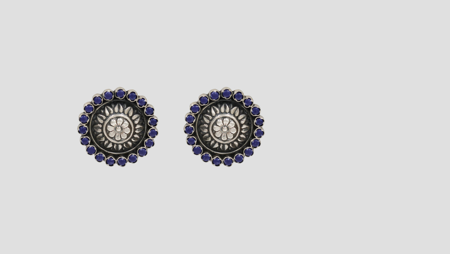 Sangeeta Boochra Statement Floral Oxidised Stud Earrings with Lapis Stones