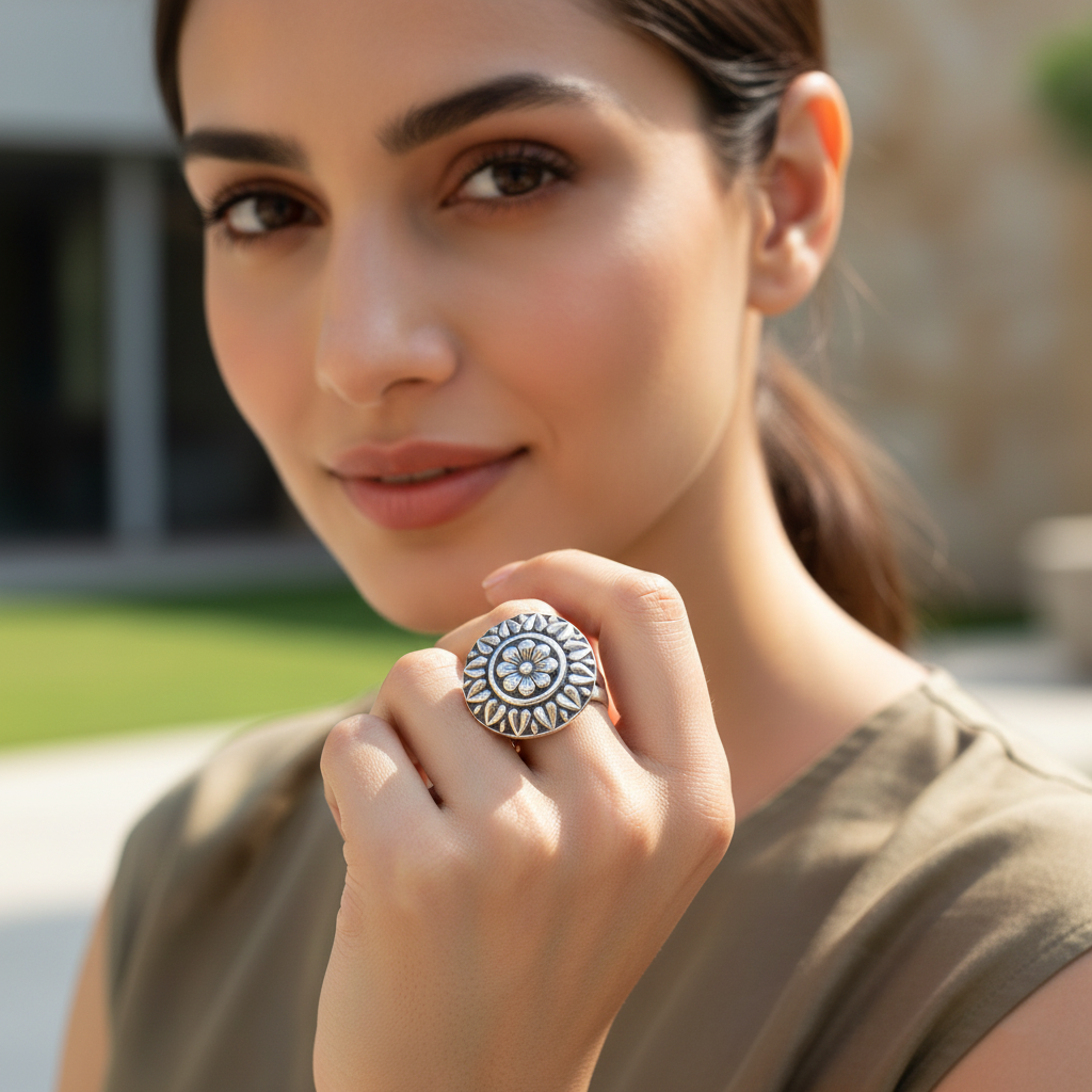 Handcrafted Floral Motif Oxidised Silver Ring – Sangeeta Boochra
