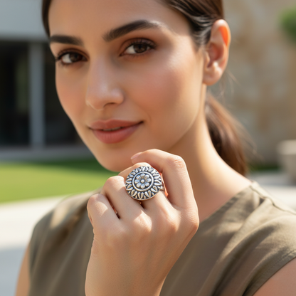 Handcrafted Floral Motif Oxidised Silver Ring – Sangeeta Boochra