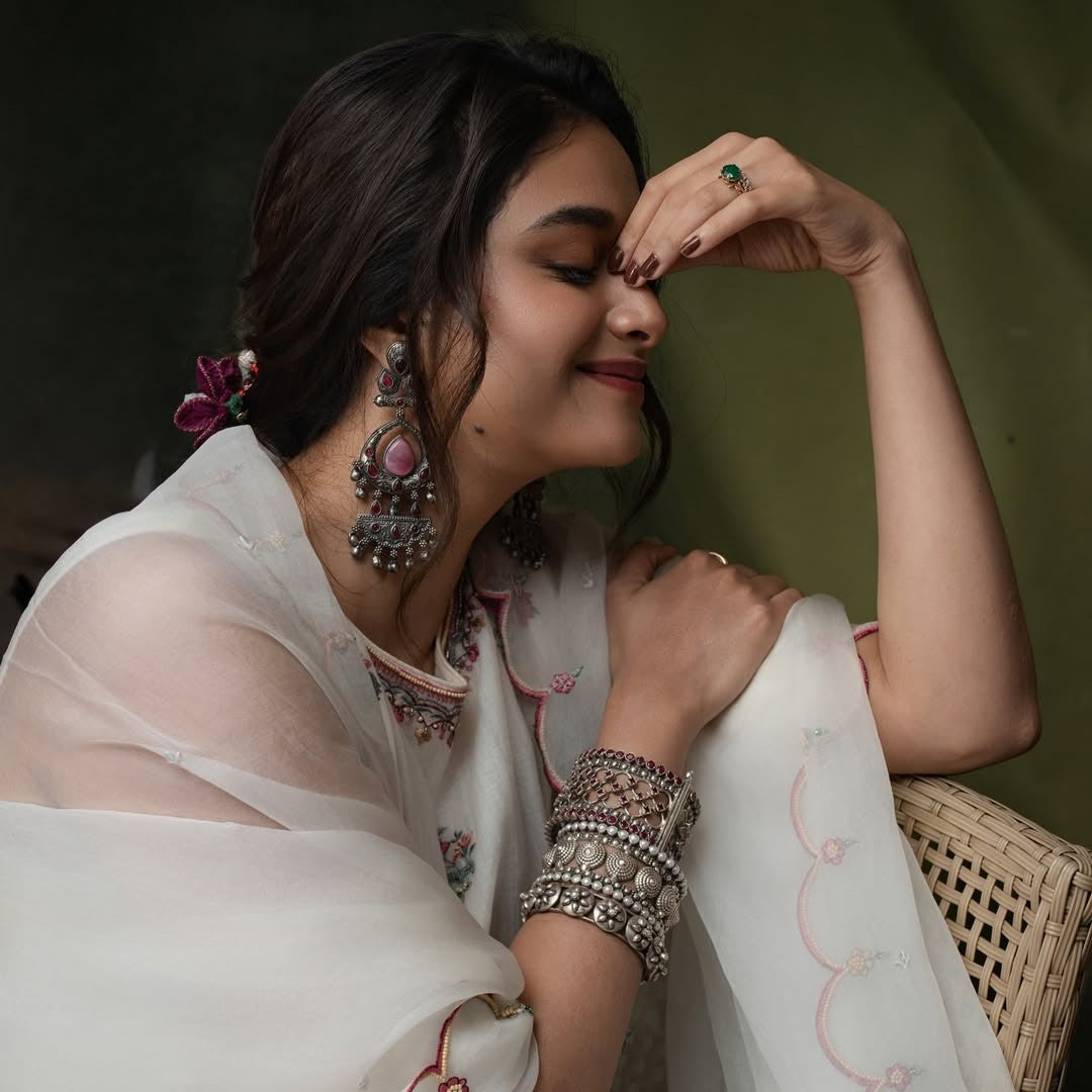 Sangeeta Boochra Oxidised Silver Earrings & Bangles | Styled by Keerthy Suresh