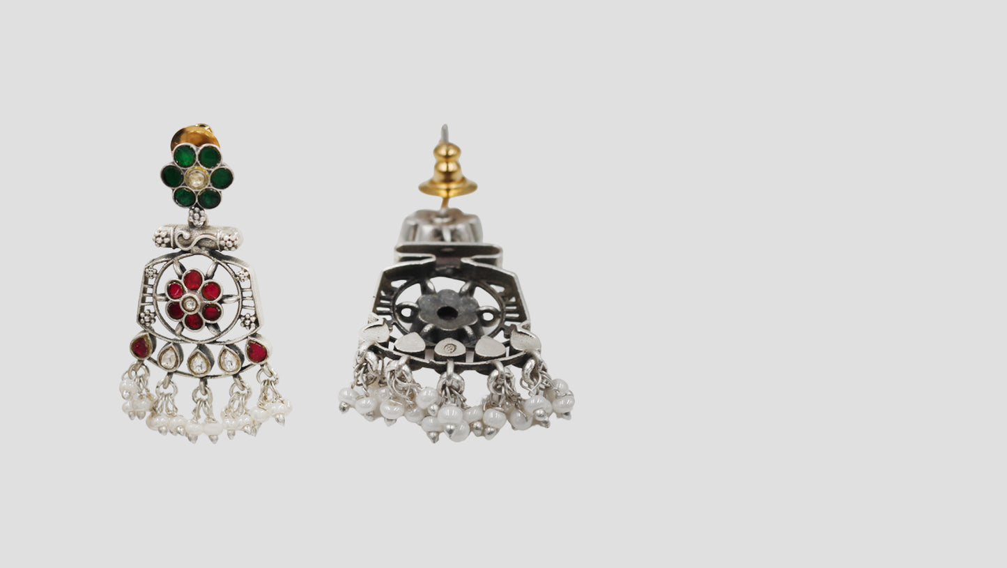 Sangeeta Boochra Handcrafted Sterling Silver Kundan Earrings with Pearl Drops