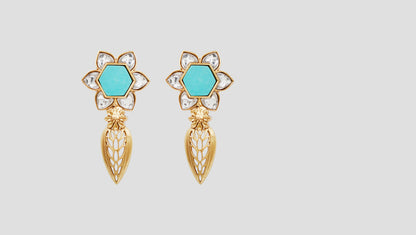 Sangeeta Boochra Designer Gold Plated Silver Floral Earrings with White Kundan and Turquoise Stone