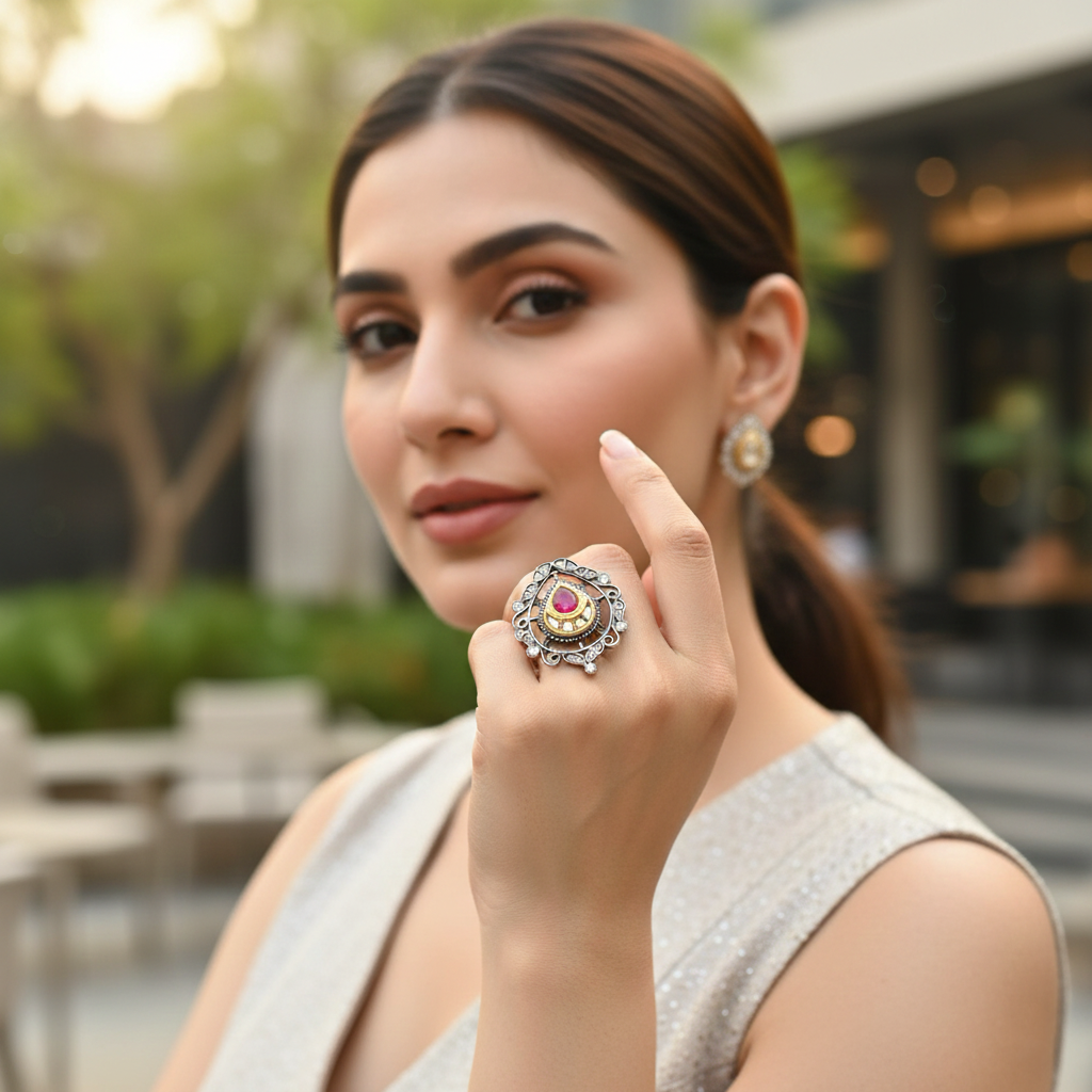 Sangeeta Boochra Handcrafted Kundan Silver Ring