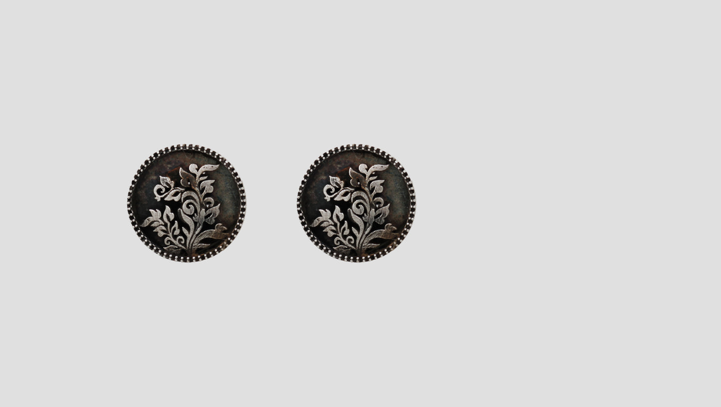 Sangeeta Boochra Handcrafted Floral Oxidised Silver Round Stud Earrings