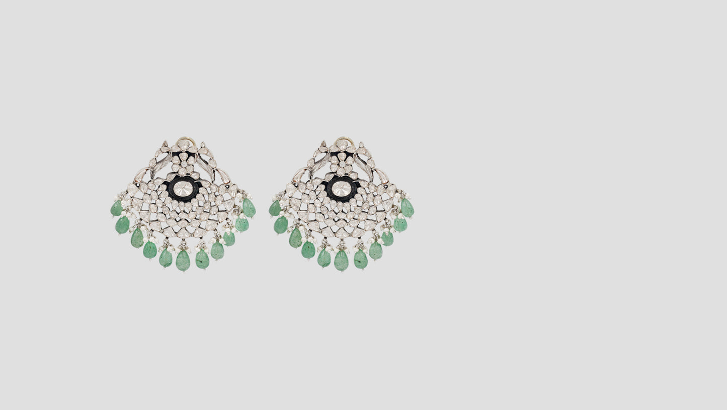 Sangeeta Boochra Heritage Moissanite Chand Earrings with Green Bead Drops